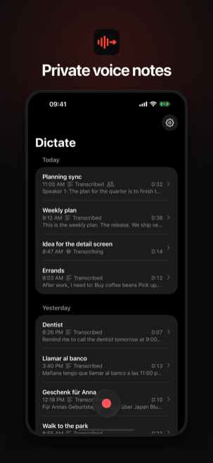 A marketing frame of the Dictate history on iPhone, headlined “Private voice notes”