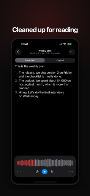 A marketing frame of a cleaned-up transcript on iPhone with a numbered list, headlined “Cleaned up for reading”