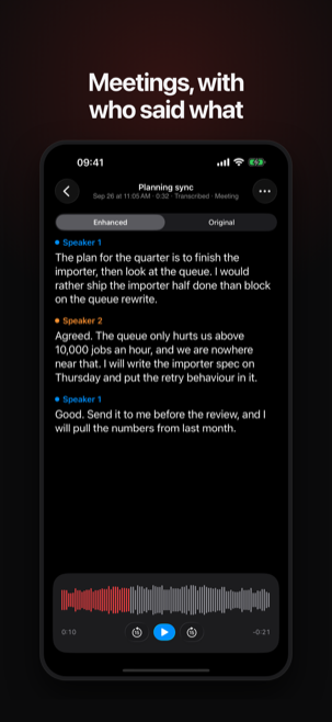 A marketing frame of a meeting transcript on iPhone split by speaker, headlined “Meetings, with who said what”